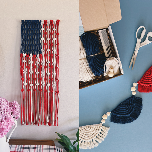 The Red, White, & Blue Bundle | American Flag Macrame Kit + 4th of July Macrame Bunting Garland Kit