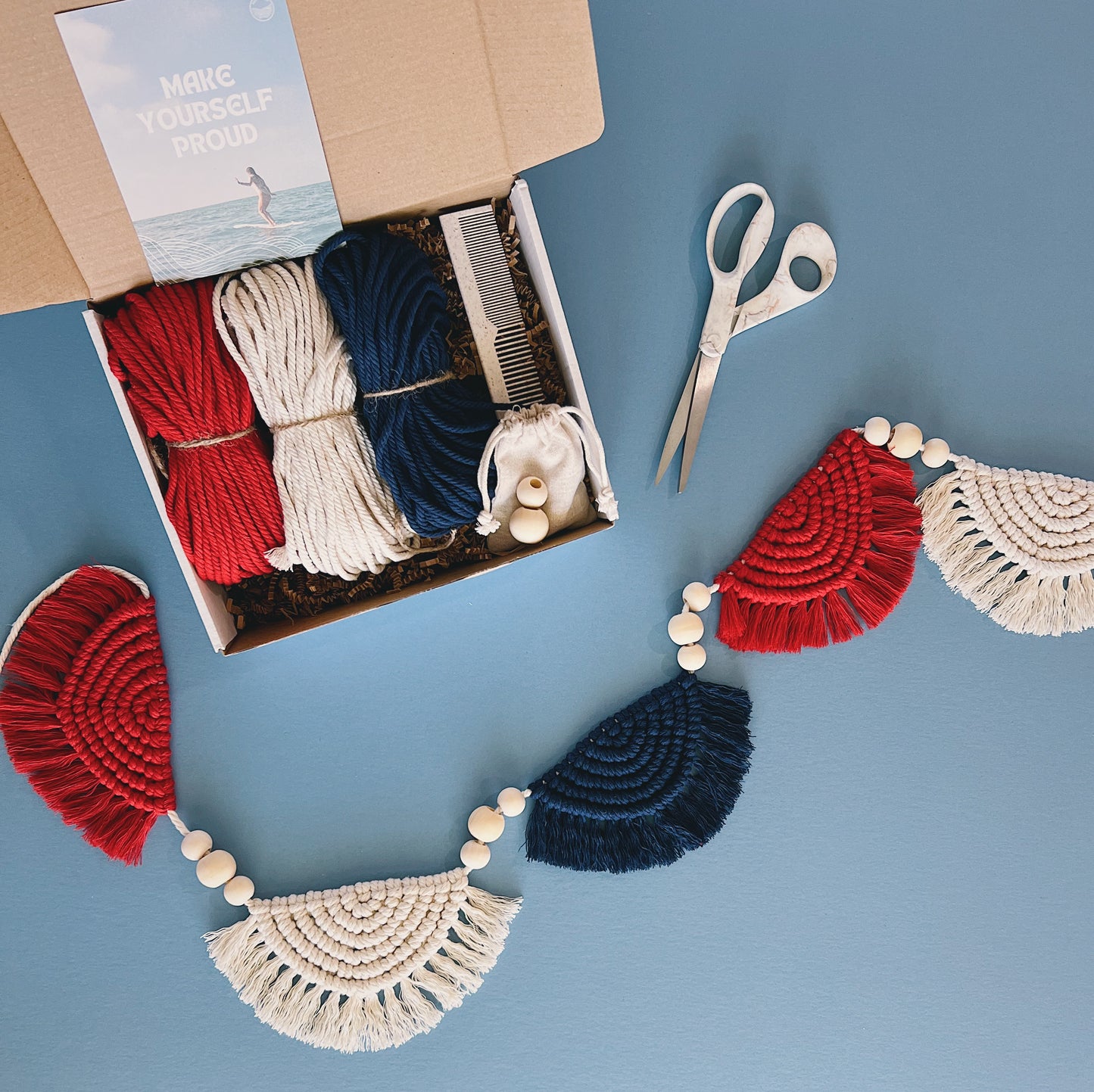 The Red, White, & Blue Bundle | American Flag Macrame Kit + 4th of July Macrame Bunting Garland Kit